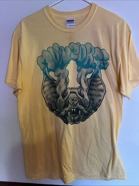 Moon Curse - Gildan Yellow Tee with Teal and Black Bat Graphic